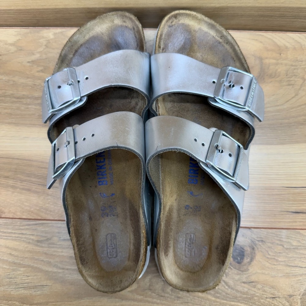 Birkenstock Arizona Soft Footbed Sandals Womens 8 N EU 39 Silver Leather Travel - Picture 8 of 10